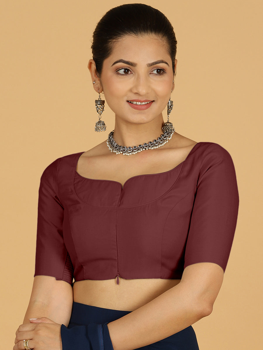 Priya x Rozaana Saree Blouse, in Maroon Viscose, featuring elbow sleeves and stylised neckline, made for daily & work (view 8).