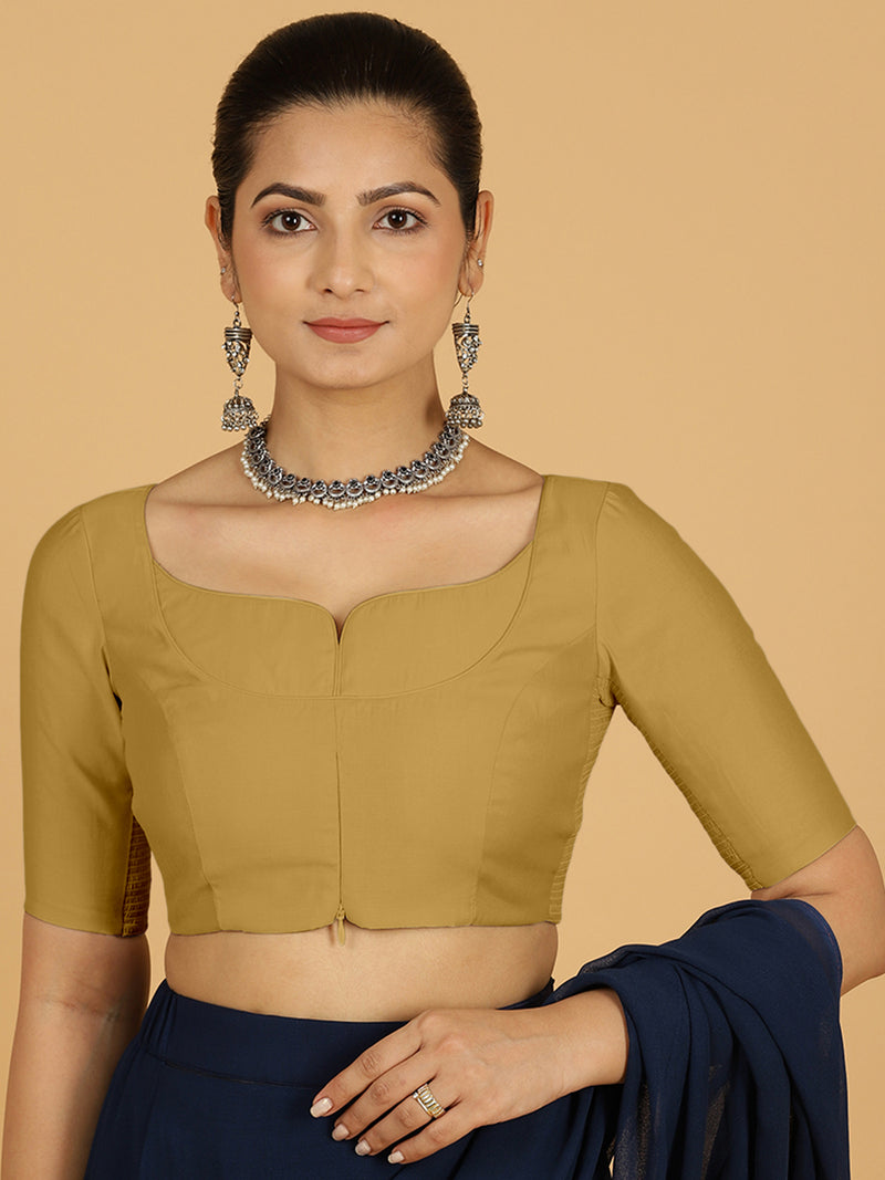 Priya x Rozaana | Elbow Sleeves Saree Blouse in Dijon Mustard-Binks