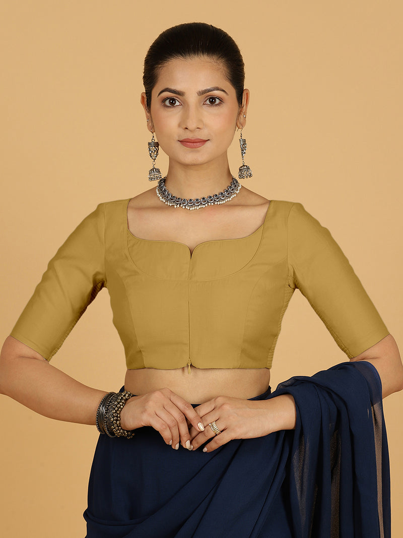 Priya x Rozaana | Elbow Sleeves Saree Blouse in Dijon Mustard-Binks