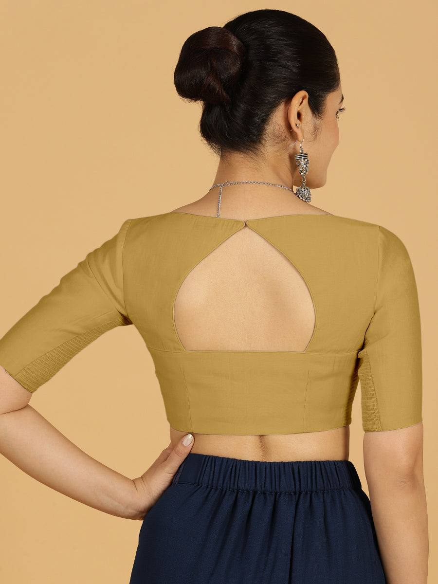 Priya x Rozaana Saree Blouse, in Yellow Viscose, featuring elbow sleeves and stylised neckline, made for daily & work (view 2).