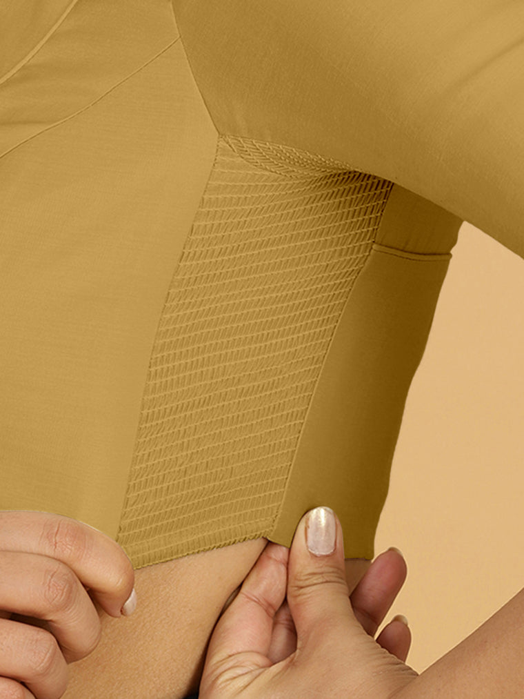 Priya x Rozaana Saree Blouse, in Yellow Viscose, featuring elbow sleeves and stylised neckline, made for daily & work (view 3).