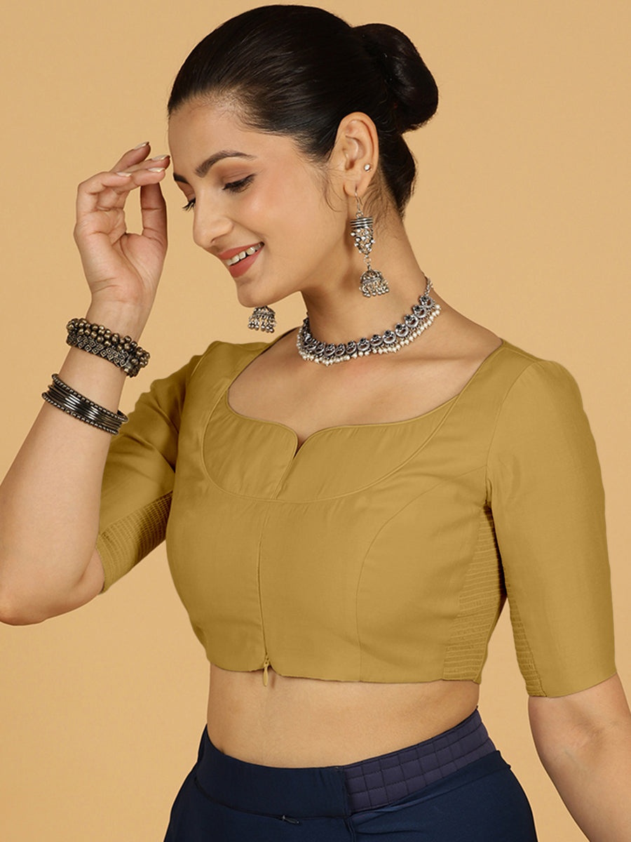 Priya x Rozaana Saree Blouse, in Yellow Viscose, featuring elbow sleeves and stylised neckline, made for daily & work (view 6).