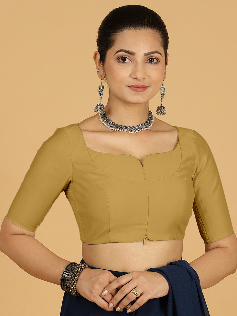 Priya x Rozaana Saree Blouse, in Yellow Viscose, featuring elbow sleeves and stylised neckline, made for daily & work (view 8).