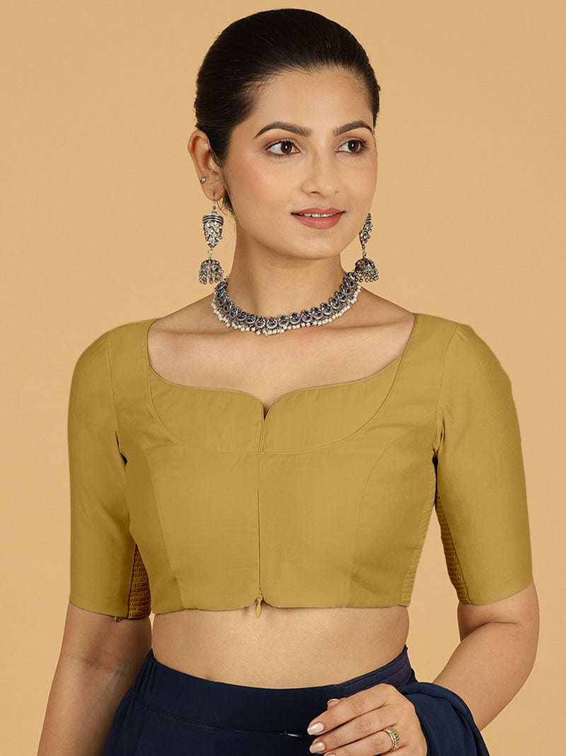 Priya x Rozaana | Elbow Sleeves Saree Blouse in Dijon Mustard-Binks