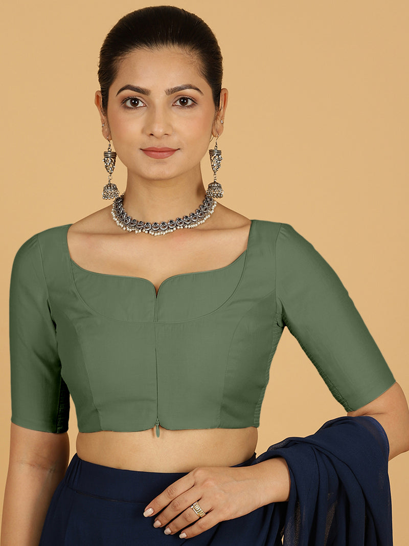 Priya x Rozaana | Elbow Sleeves Saree Blouse in Hunter Green-Binks