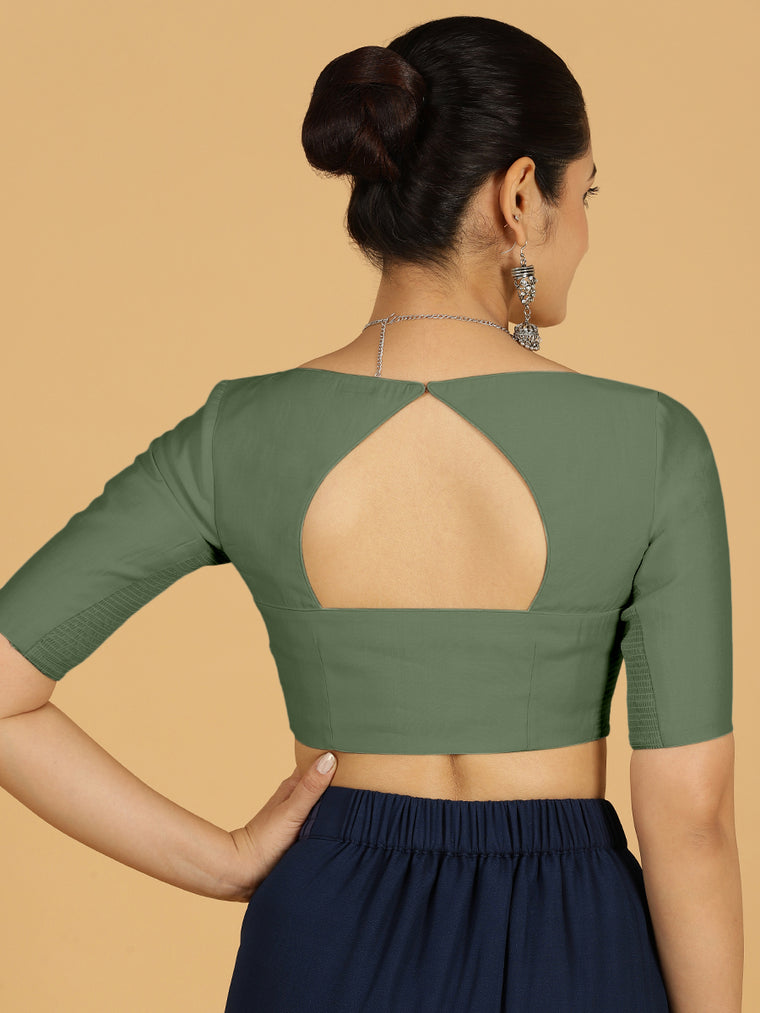 Priya x Rozaana Saree Blouse, in Green Viscose, featuring elbow sleeves and stylised neckline, made for daily & work (view 2).