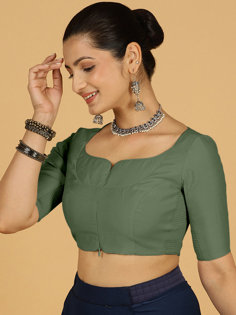 Priya x Rozaana | Elbow Sleeves Saree Blouse in Hunter Green-Binks