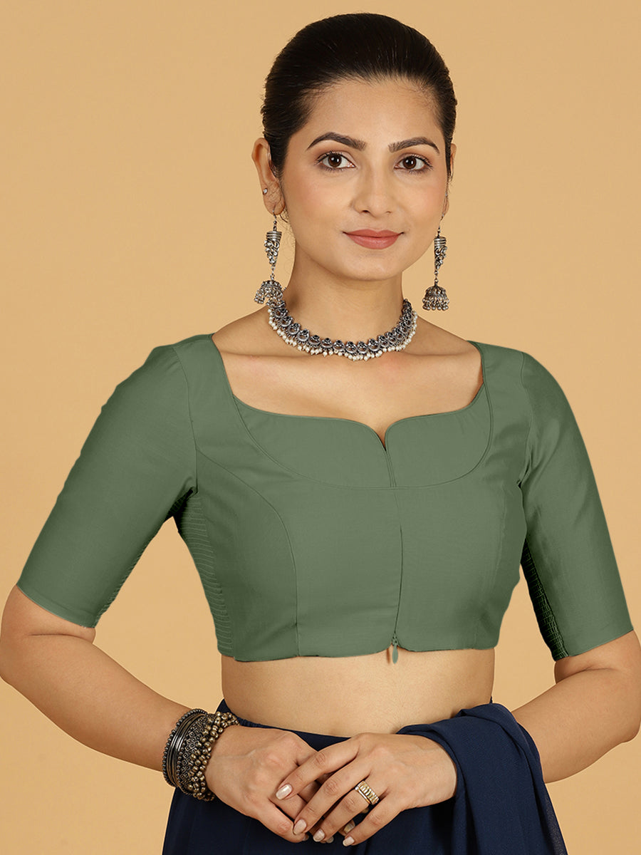 Priya x Rozaana Saree Blouse, in Green Viscose, featuring elbow sleeves and stylised neckline, made for daily & work (view 8).