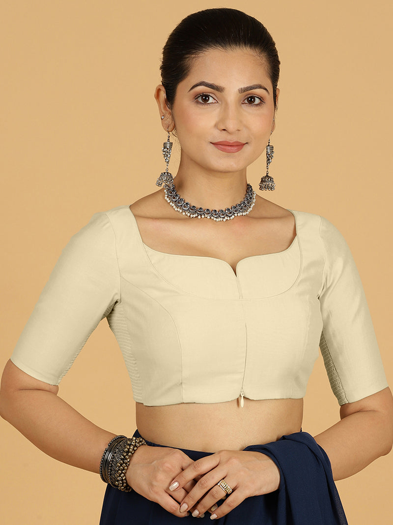 Priya x Rozaana | Elbow Sleeves Saree Blouse in Ivory-Binks