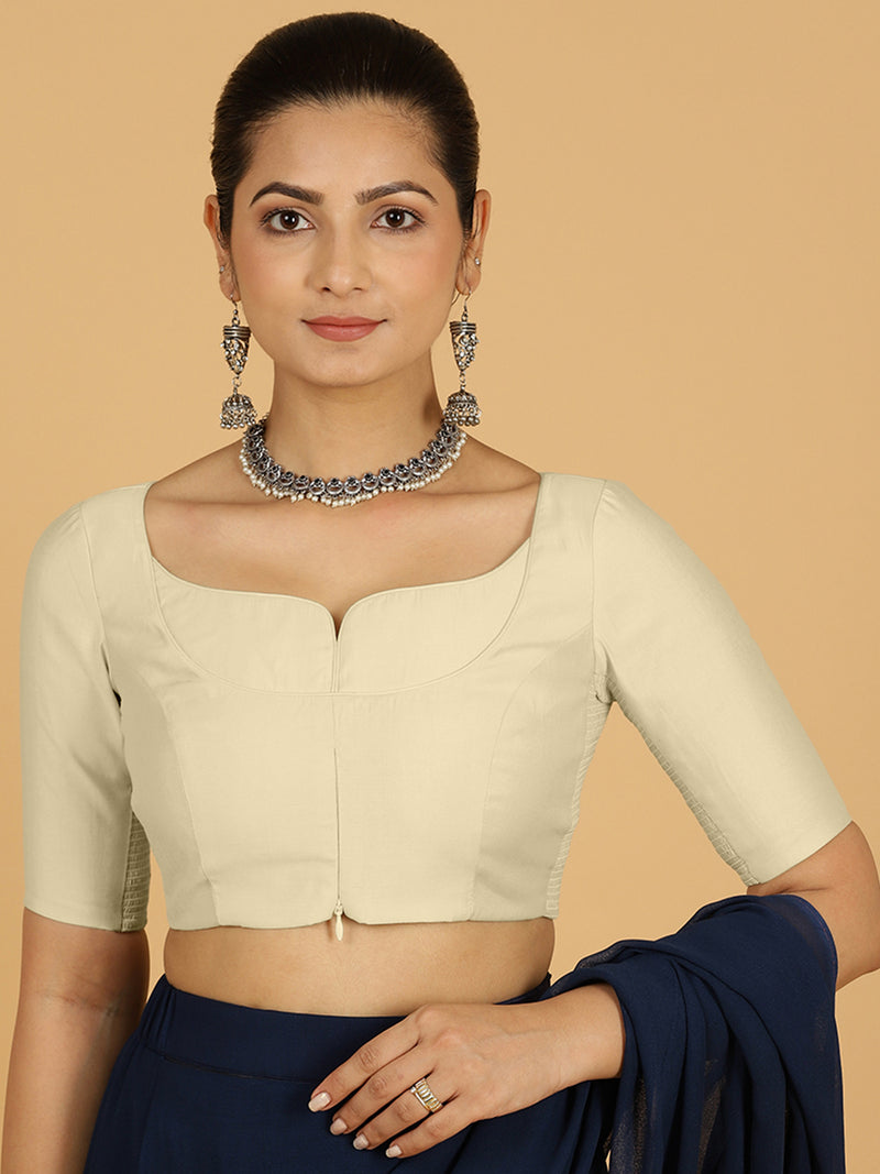 Priya x Rozaana | Elbow Sleeves Saree Blouse in Ivory-Binks