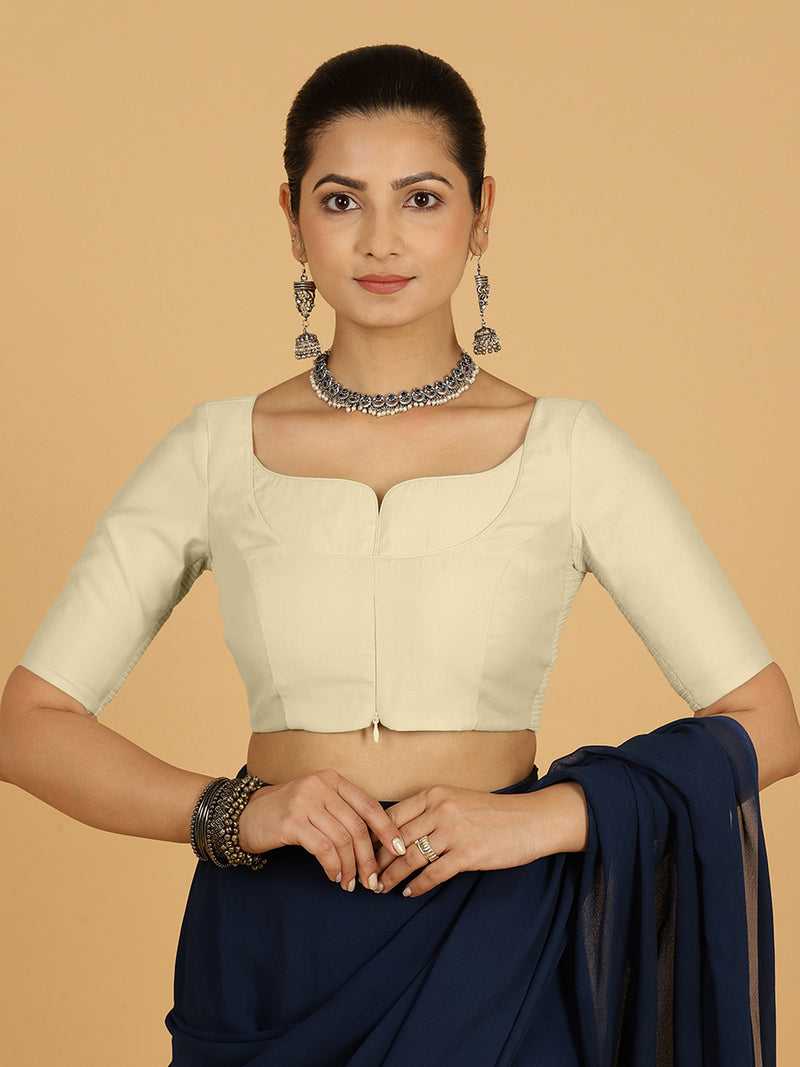 Priya x Rozaana | Elbow Sleeves Saree Blouse in Ivory-Binks