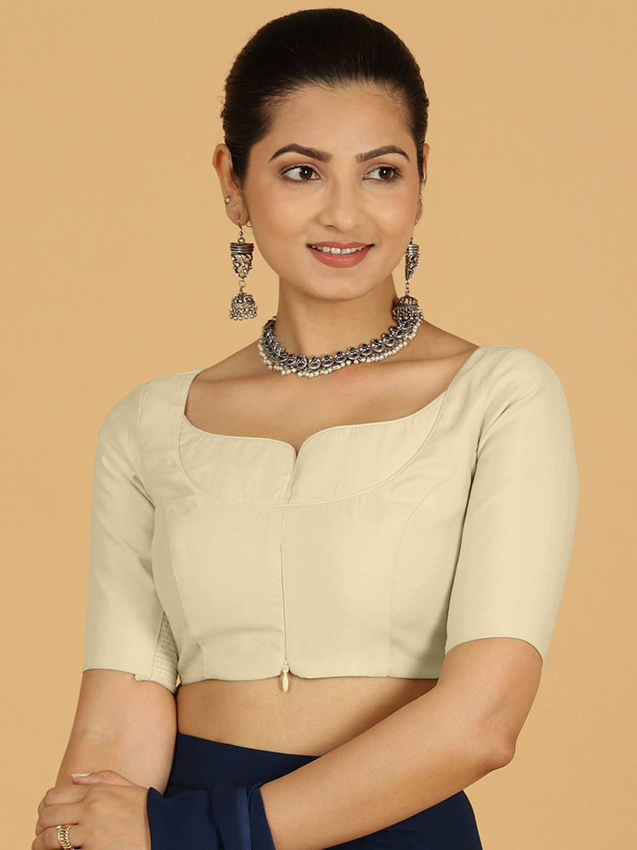 Priya x Rozaana Saree Blouse, in White Viscose, featuring elbow sleeves and stylised neckline, made for daily & work (view 8).