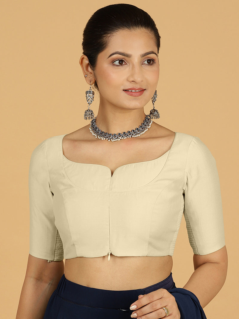 Priya x Rozaana | Elbow Sleeves Saree Blouse in Ivory-Binks