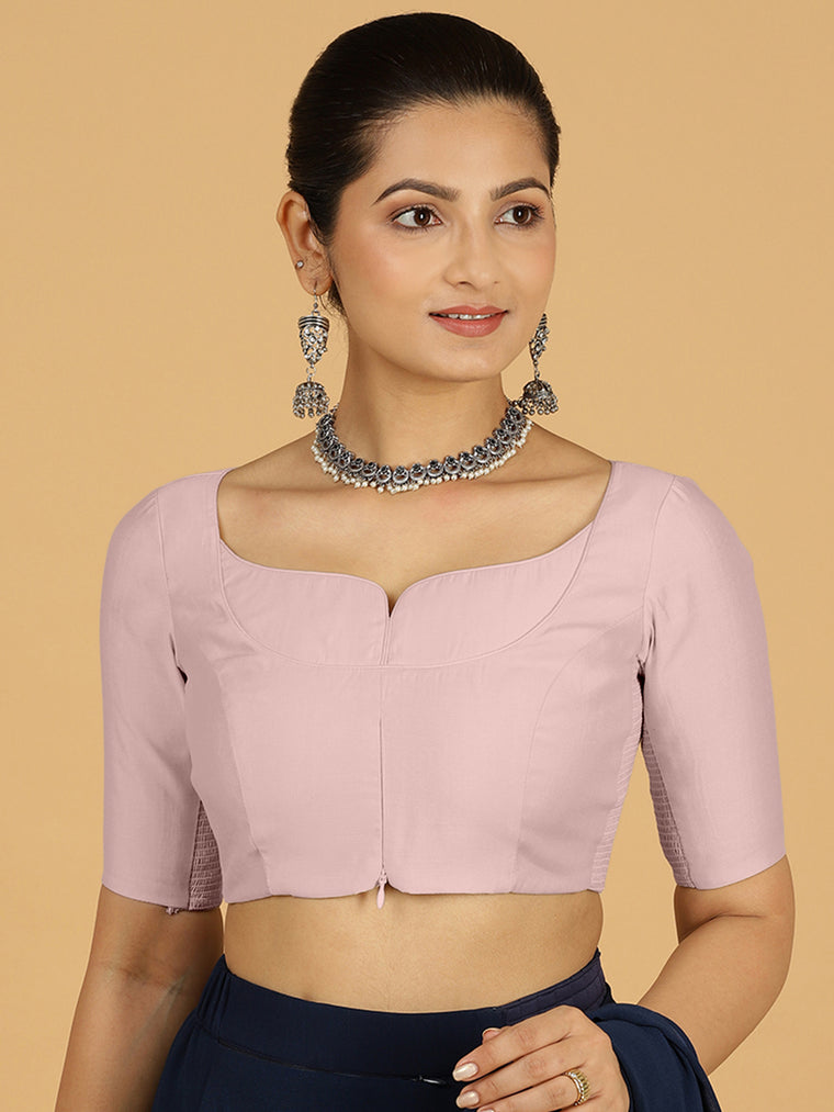 Priya x Rozaana Saree Blouse, in Pink Viscose, featuring elbow sleeves and stylised neckline, made for daily & work.