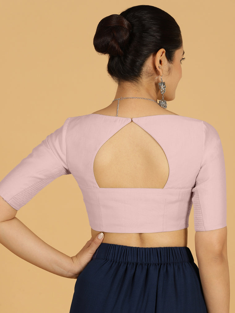 Priya x Rozaana Saree Blouse, in Pink Viscose, featuring elbow sleeves and stylised neckline, made for daily & work (view 2).