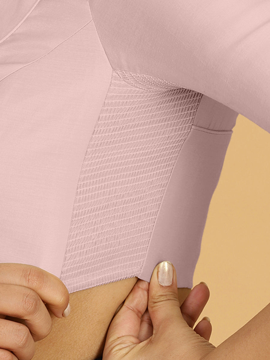 Priya x Rozaana Saree Blouse, in Pink Viscose, featuring elbow sleeves and stylised neckline, made for daily & work (view 3).