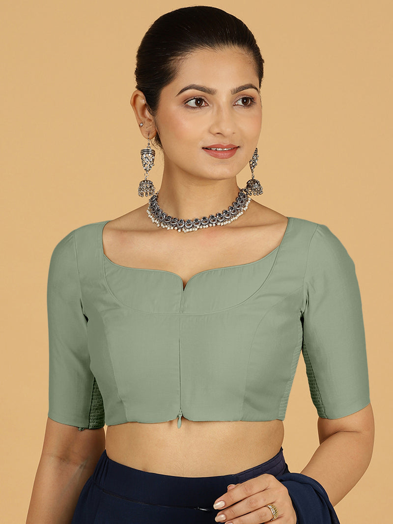 Priya x Rozaana | Elbow Sleeves Saree Blouse in Mint Green-Binks
