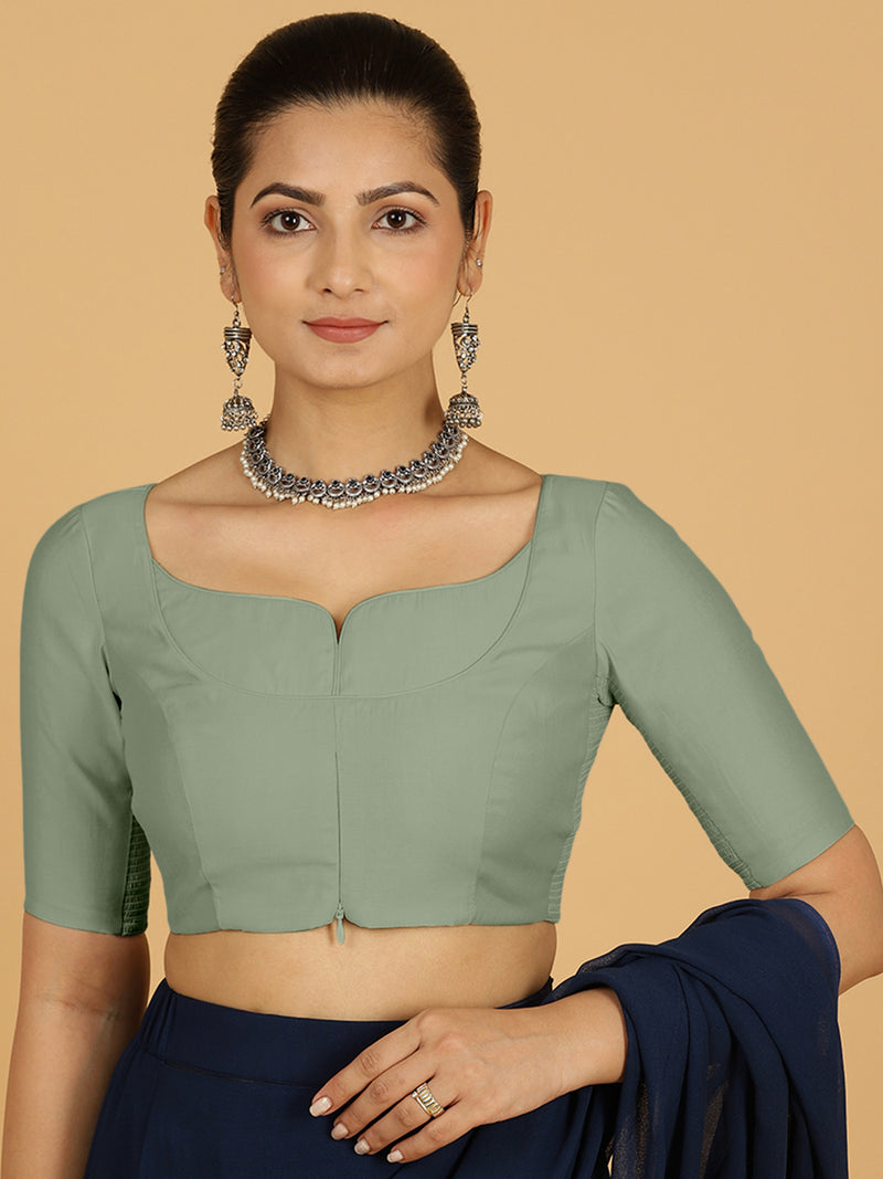 Priya x Rozaana | Elbow Sleeves Saree Blouse in Mint Green-Binks