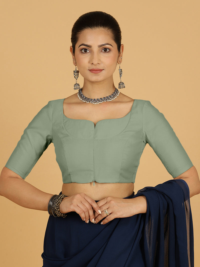 Priya x Rozaana | Elbow Sleeves Saree Blouse in Mint Green-Binks