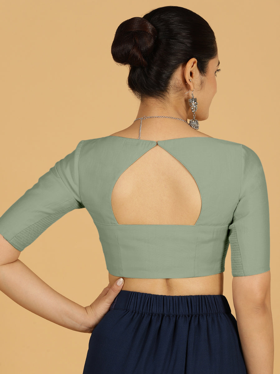Priya x Rozaana Saree Blouse, in Green Viscose, featuring elbow sleeves and stylised neckline, made for daily & work (view 2).