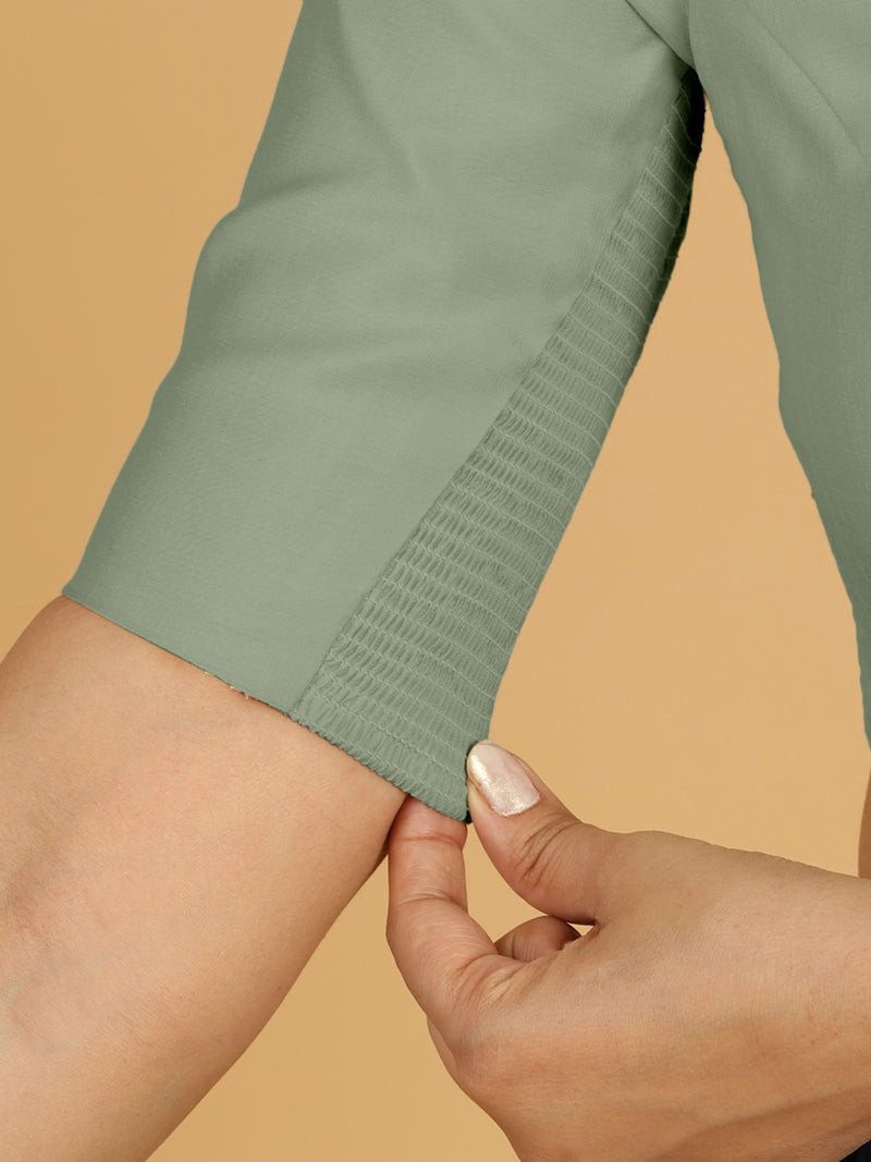 Priya x Rozaana | Elbow Sleeves Saree Blouse in Mint Green-Binks