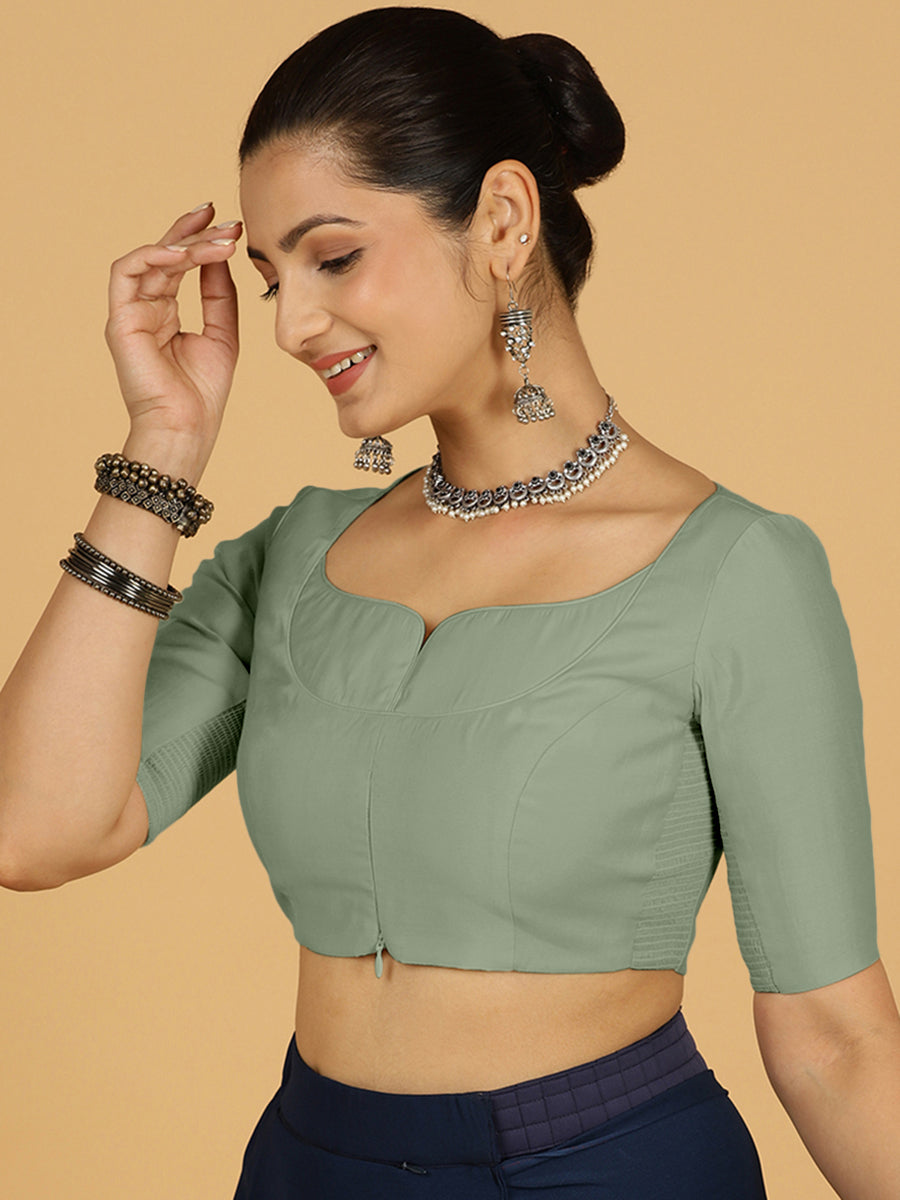 Priya x Rozaana Saree Blouse, in Green Viscose, featuring elbow sleeves and stylised neckline, made for daily & work (view 6).