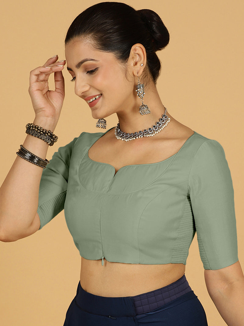 Priya x Rozaana | Elbow Sleeves Saree Blouse in Mint Green-Binks