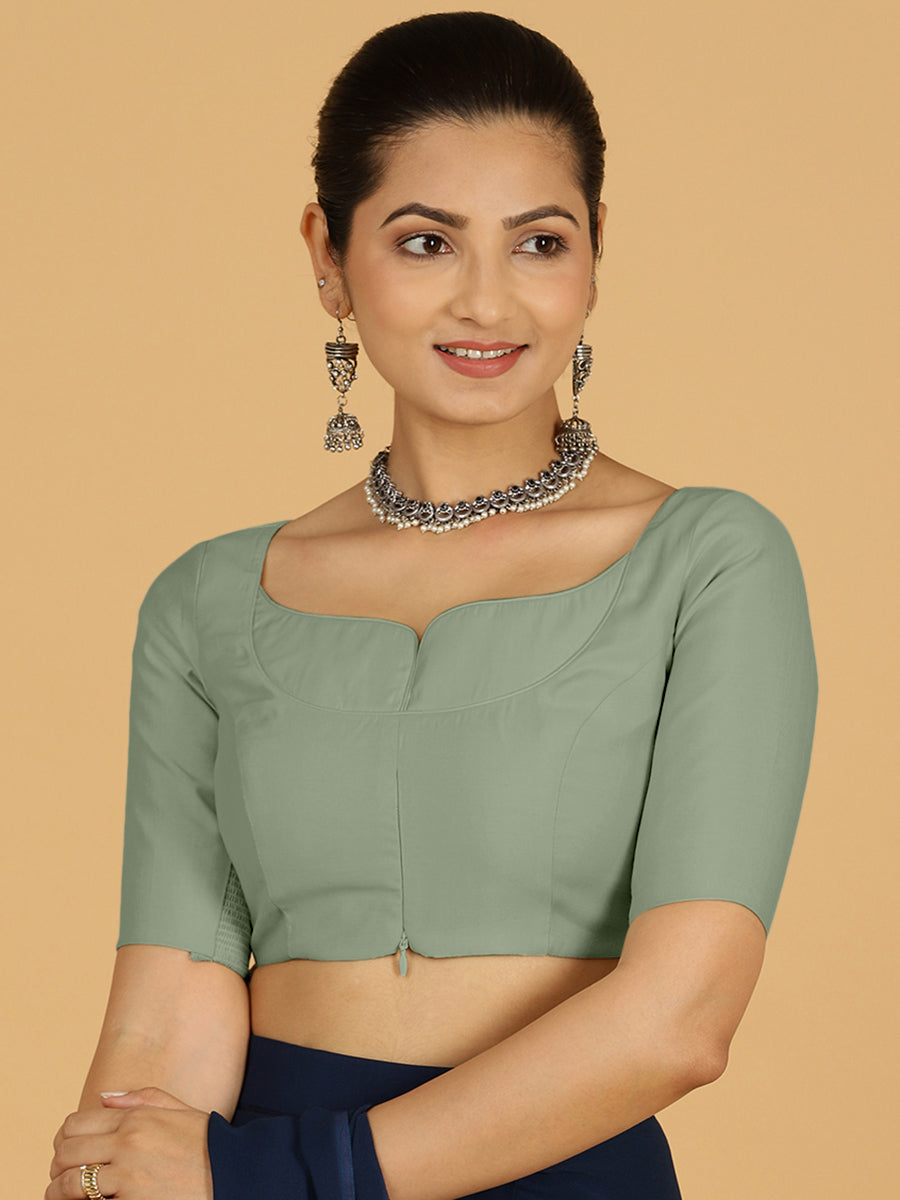 Priya x Rozaana Saree Blouse, in Green Viscose, featuring elbow sleeves and stylised neckline, made for daily & work (view 8).