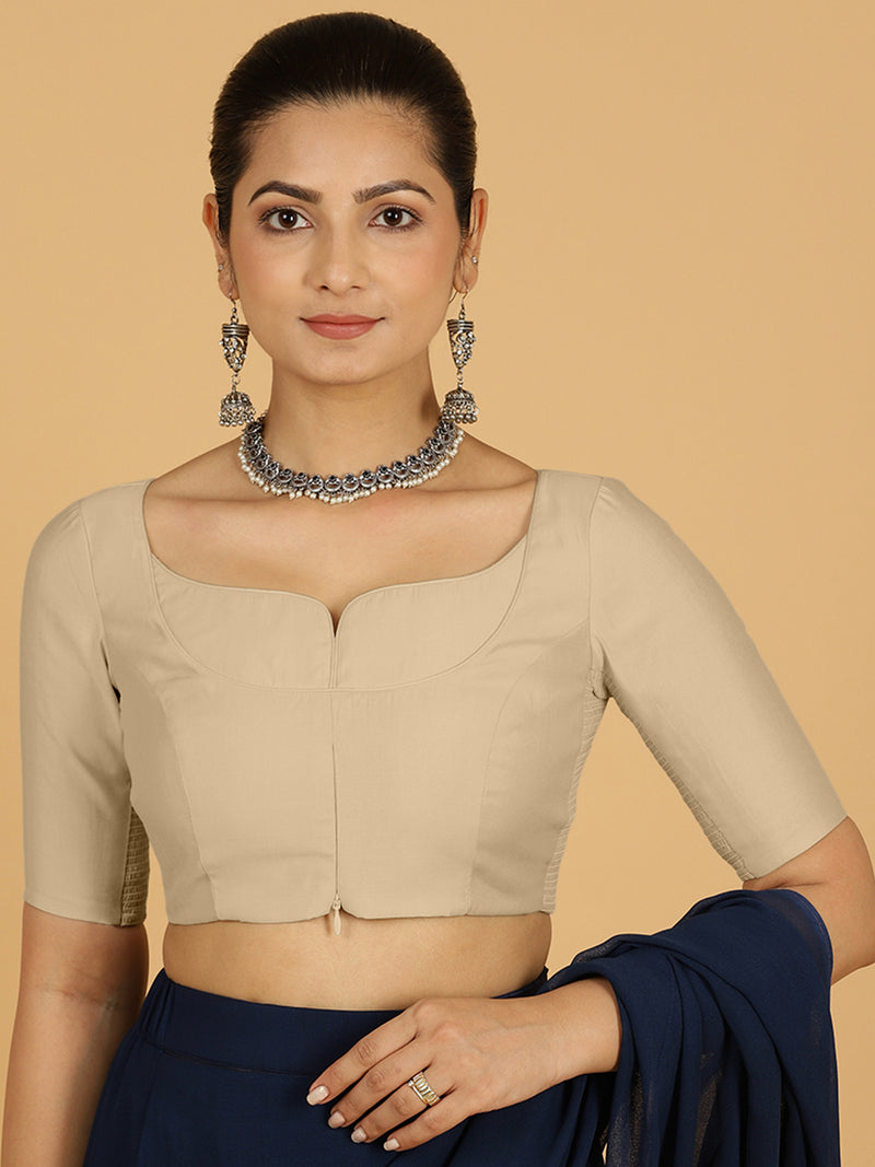 Priya x Rozaana | Elbow Sleeves Saree Blouse in Oyster Grey-Binks