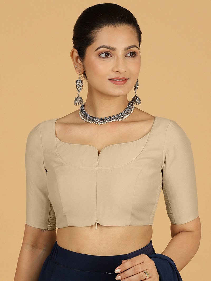 Priya x Rozaana | Elbow Sleeves Saree Blouse in Oyster Grey-Binks