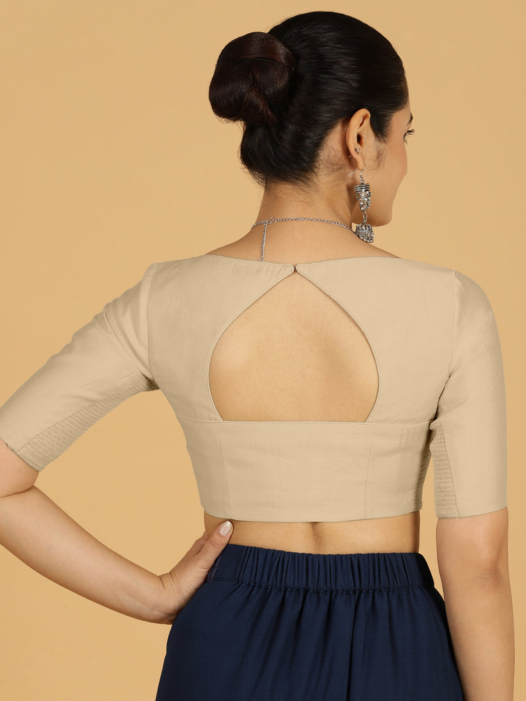 Priya x Rozaana Saree Blouse, in Grey Viscose, featuring elbow sleeves and stylised neckline, made for daily & work (view 2).