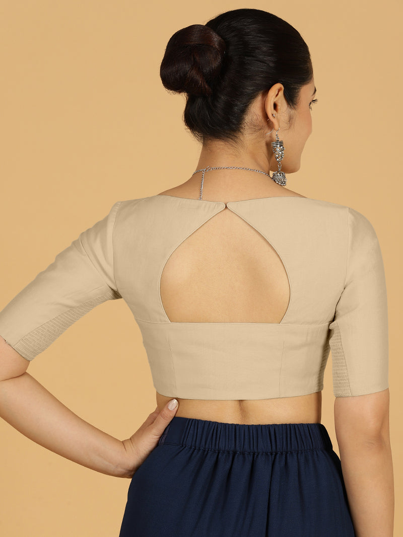 Priya x Rozaana | Elbow Sleeves Saree Blouse in Oyster Grey-Binks