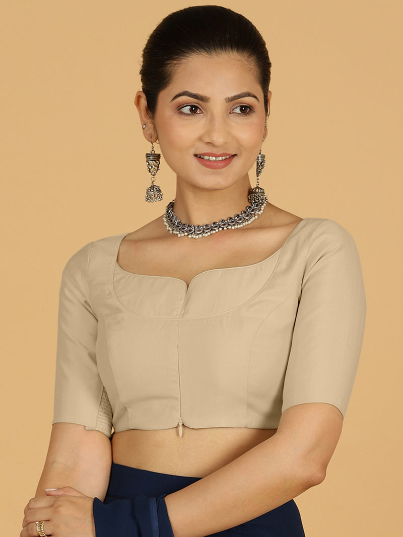 Priya x Rozaana | Elbow Sleeves Saree Blouse in Oyster Grey-Binks