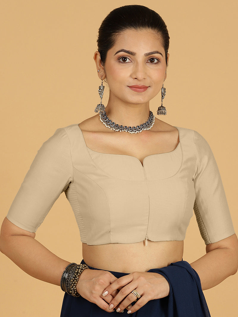 Priya x Rozaana | Elbow Sleeves Saree Blouse in Oyster Grey-Binks
