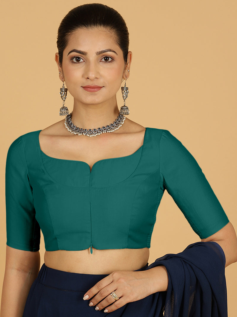 Priya x Rozaana | Elbow Sleeves Saree Blouse in Peacock Green-Binks