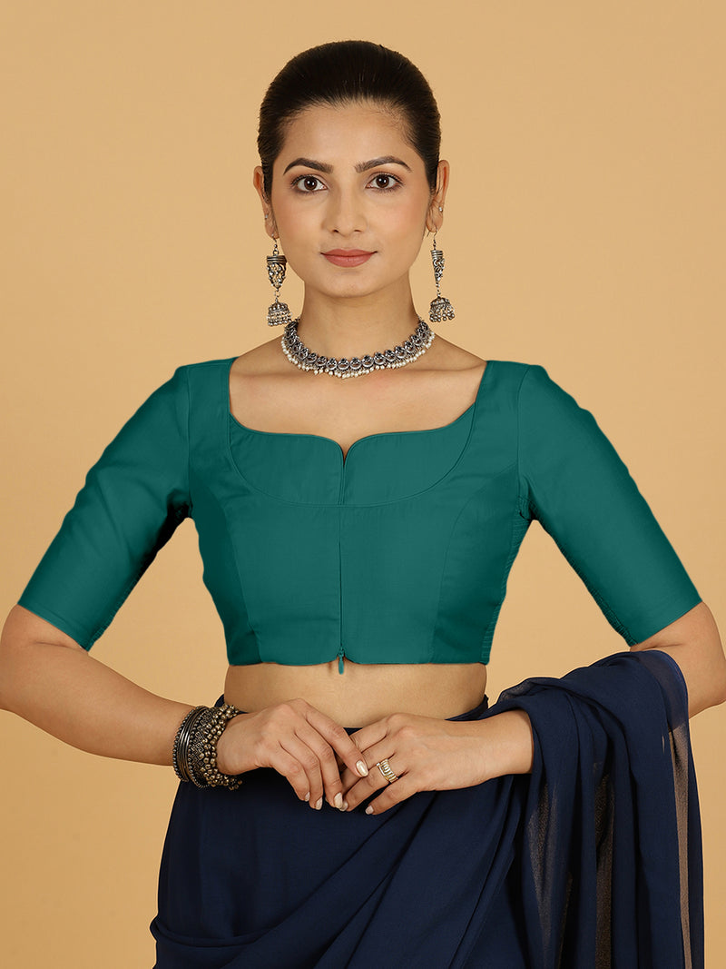 Priya x Rozaana | Elbow Sleeves Saree Blouse in Peacock Green-Binks