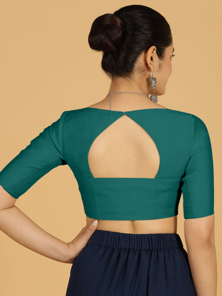 Priya x Rozaana Saree Blouse, in Green Viscose, featuring elbow sleeves and stylised neckline, made for daily & work (view 2).