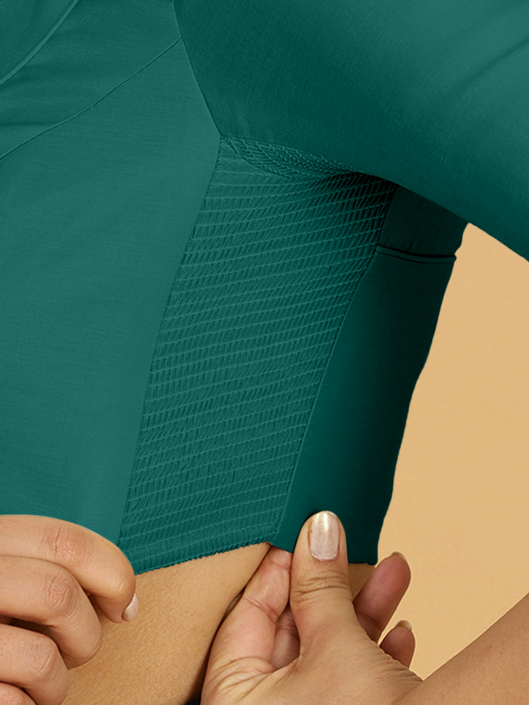 Priya x Rozaana Saree Blouse, in Green Viscose, featuring elbow sleeves and stylised neckline, made for daily & work (view 3).