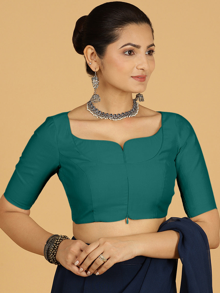 Priya x Rozaana Saree Blouse, in Green Viscose, featuring elbow sleeves and stylised neckline, made for daily & work (view 6).