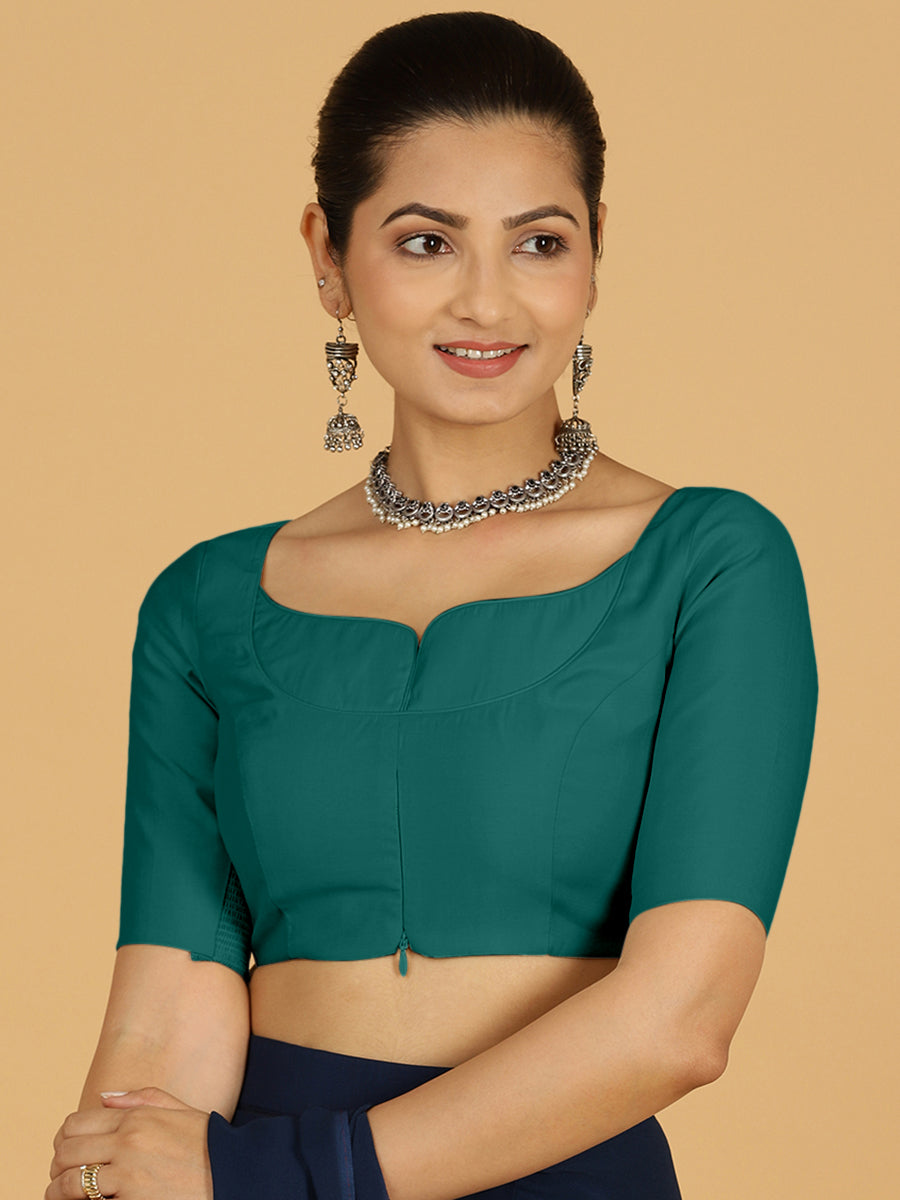 Priya x Rozaana Saree Blouse, in Green Viscose, featuring elbow sleeves and stylised neckline, made for daily & work (view 7).