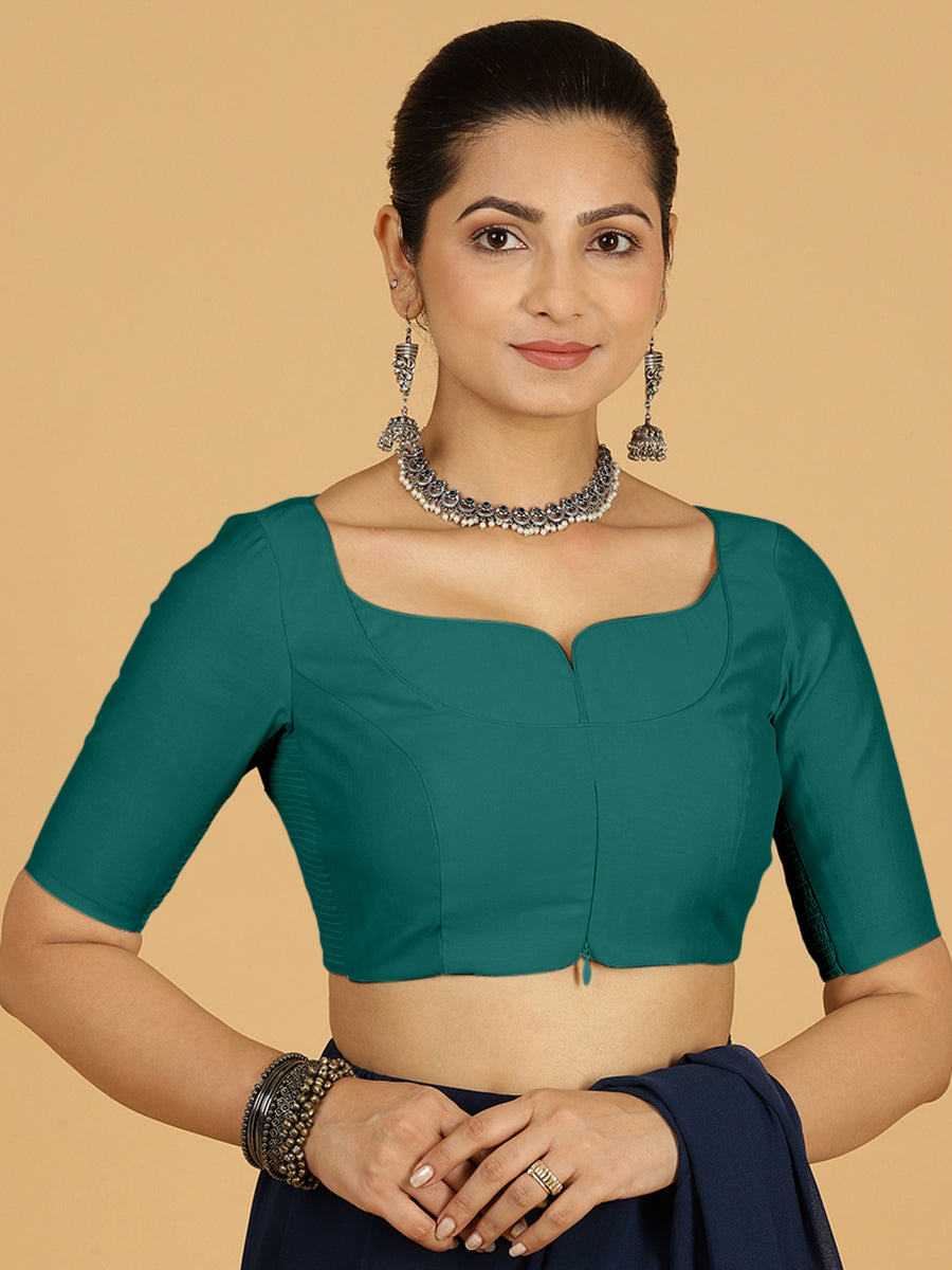 Priya x Rozaana Saree Blouse, in Green Viscose, featuring elbow sleeves and stylised neckline, made for daily & work (view 8).