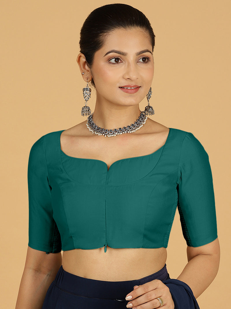 Priya x Rozaana | Elbow Sleeves Saree Blouse in Peacock Green-Binks
