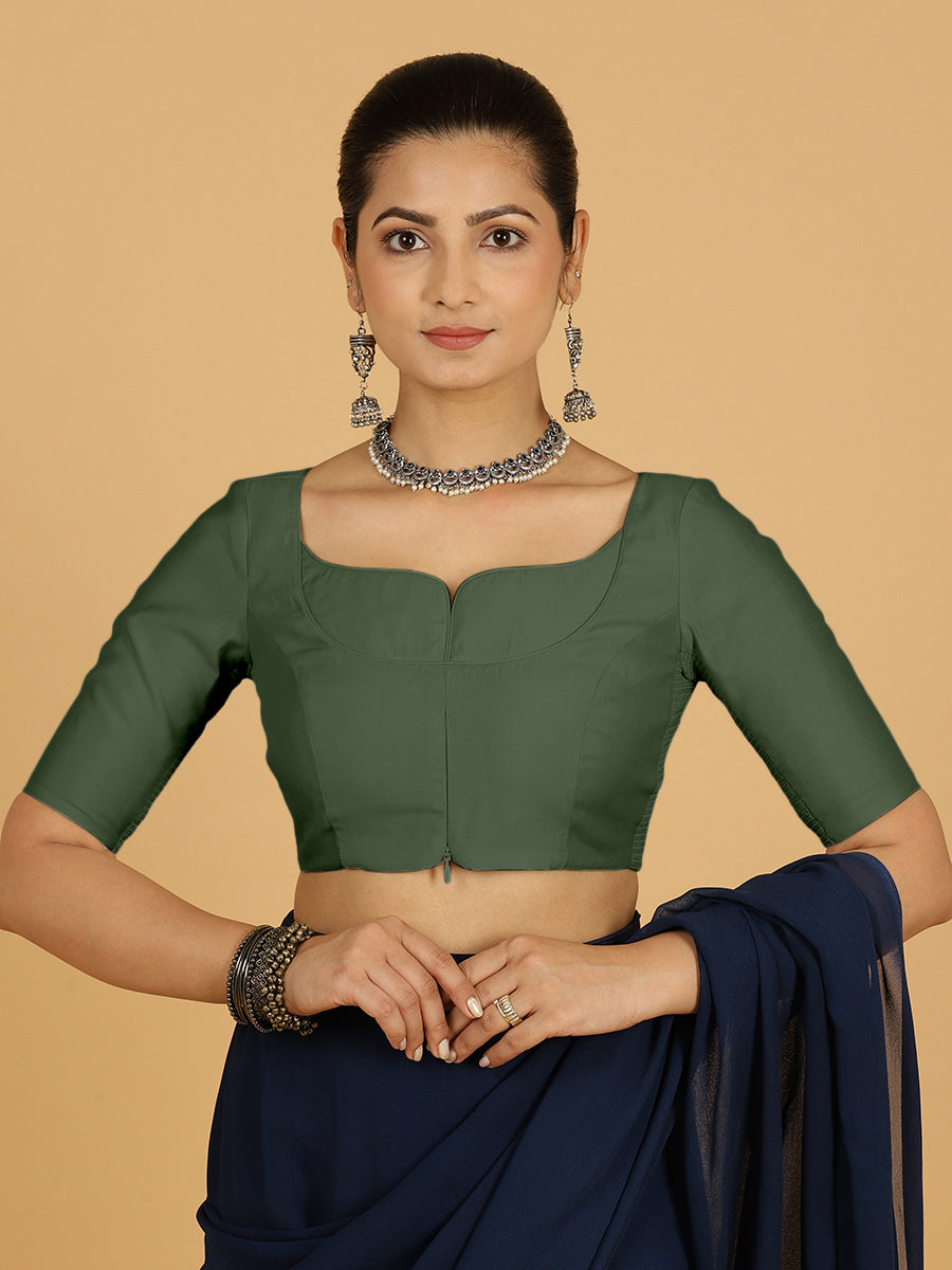 Priya x Rozaana Saree Blouse, in Green Viscose, featuring elbow sleeves and stylised neckline, made for daily & work.