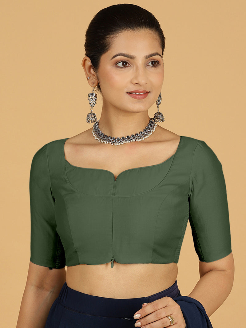 Priya x Rozaana | Elbow Sleeves Saree Blouse in Pine Green-Binks
