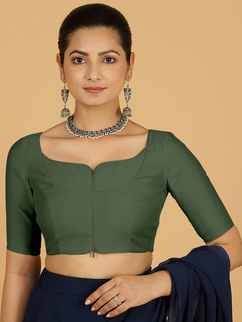 Priya x Rozaana | Elbow Sleeves Saree Blouse in Pine Green-Binks