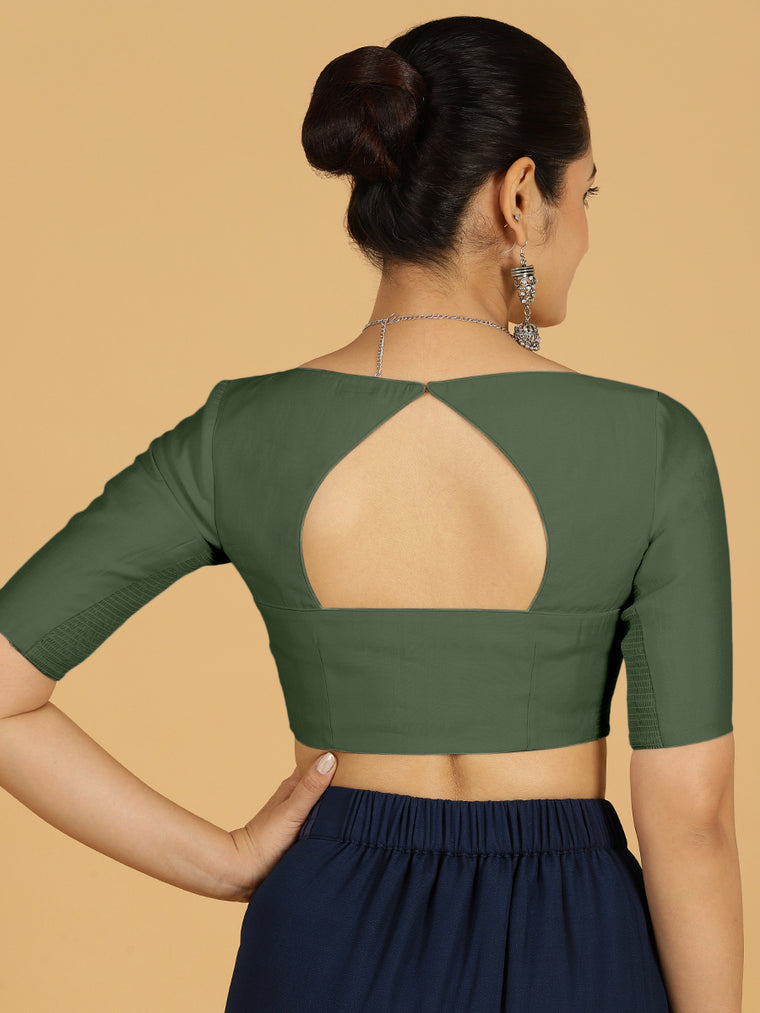 Priya x Rozaana Saree Blouse, in Green Viscose, featuring elbow sleeves and stylised neckline, made for daily & work (view 2).