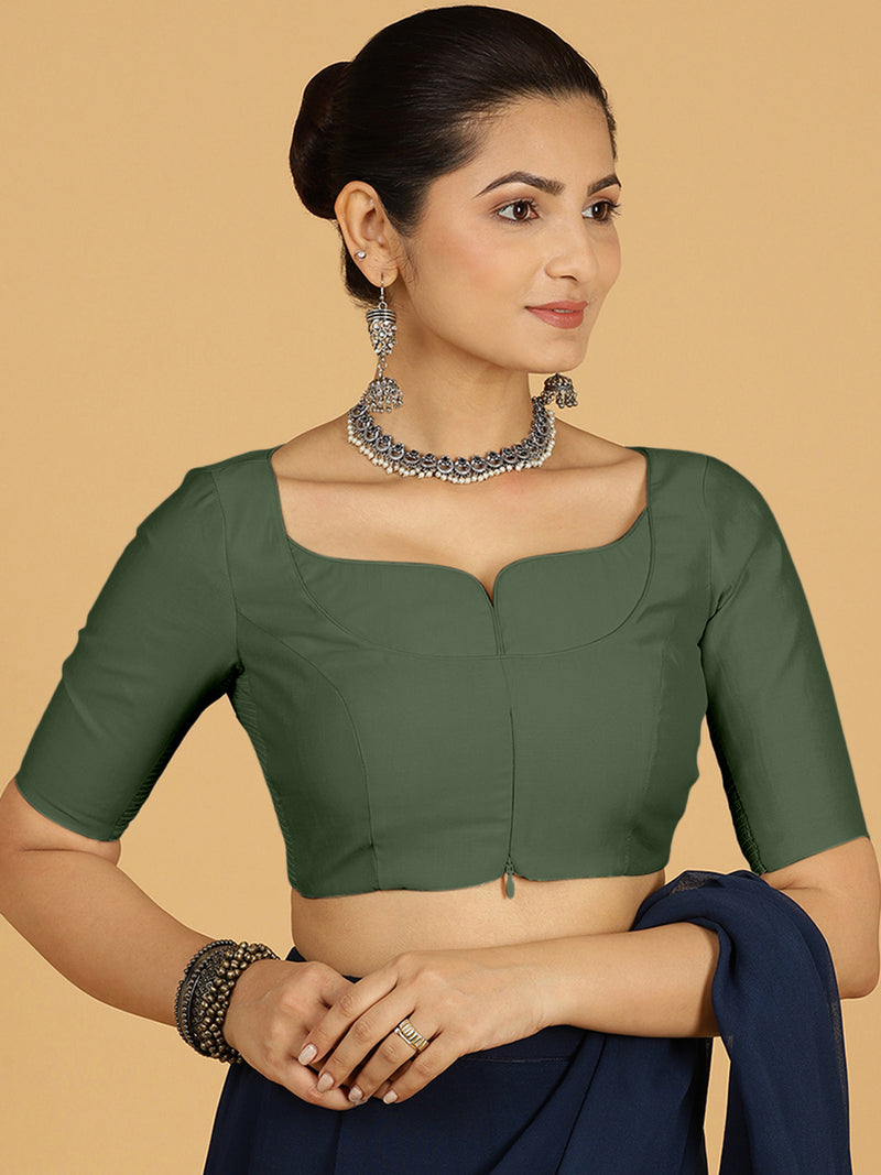 Priya x Rozaana | Elbow Sleeves Saree Blouse in Pine Green-Binks
