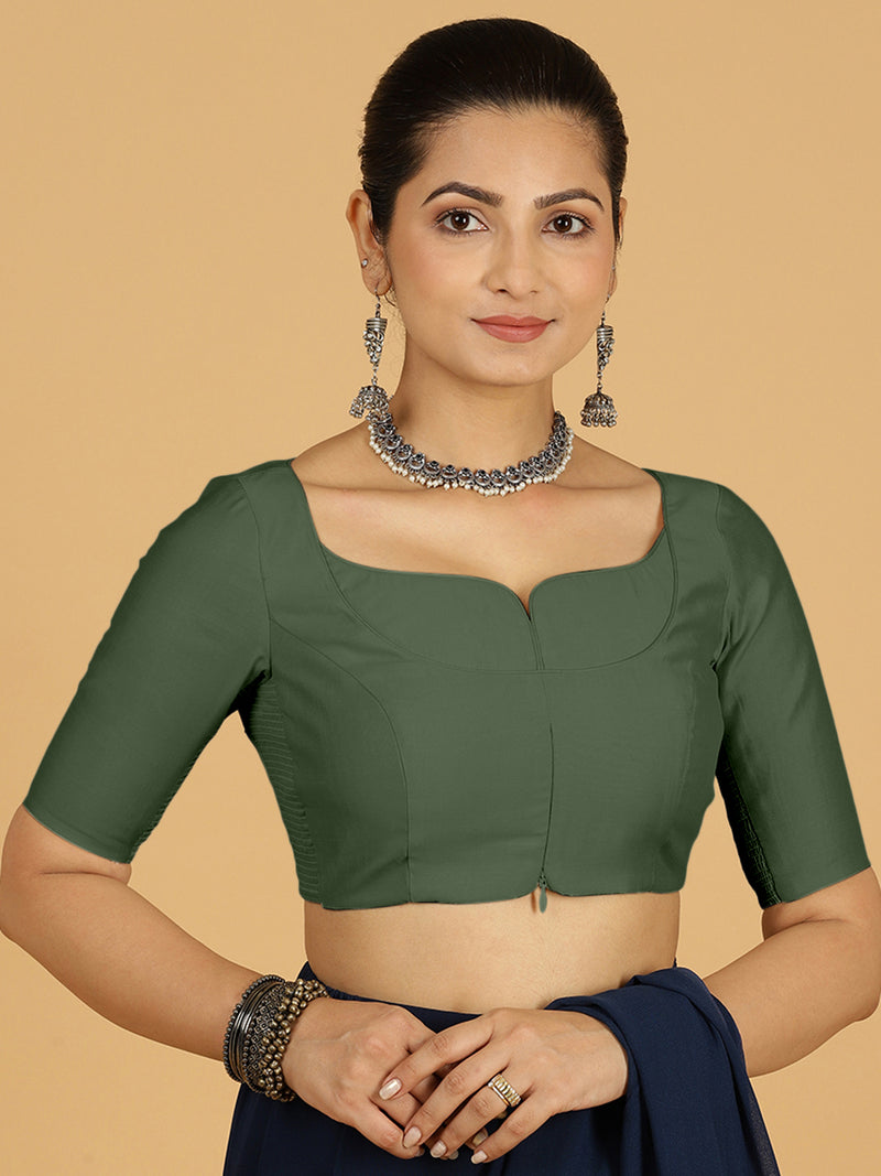 Priya x Rozaana | Elbow Sleeves Saree Blouse in Pine Green-Binks
