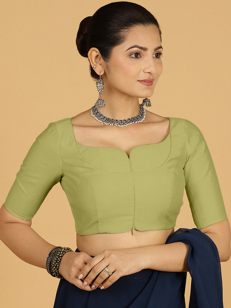 Priya x Rozaana Saree Blouse, in Green Viscose, featuring elbow sleeves and stylised neckline, made for daily & work.