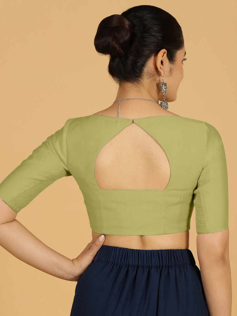 Priya x Rozaana Saree Blouse, in Green Viscose, featuring elbow sleeves and stylised neckline, made for daily & work (view 2).